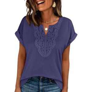 image:imageANRABESS Womens Short Sleeve Tops Boho V Neck Lace Shirts Dressy Casual Blouses Summer Cute Tunic 2026 Trendy Fashion ClothesBlue Gray