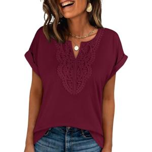 image:imageANRABESS Womens Short Sleeve Tops Boho V Neck Lace Shirts Dressy Casual Blouses Summer Cute Tunic 2026 Trendy Fashion ClothesBurgundy