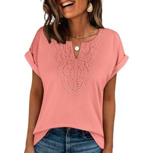 image:imageANRABESS Womens Short Sleeve Tops Boho V Neck Lace Shirts Dressy Casual Blouses Summer Cute Tunic 2026 Trendy Fashion ClothesCoral