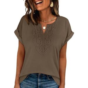 image:imageANRABESS Womens Short Sleeve Tops Boho V Neck Lace Shirts Dressy Casual Blouses Summer Cute Tunic 2026 Trendy Fashion ClothesGray Taupe