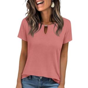 image:imageANRABESS Womens Short Sleeve Tops Summer Tshirts Cute Keyhole Neck Casual Basic Tee Dressy Work 2026 Spring Trendy OutfitsCoral