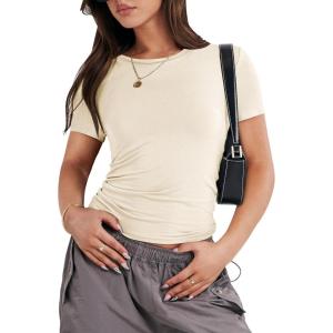 image:imageANRABESS Womens Soft Short Sleeve TShirt Crew Neck Top Slim Fit Basic Tee for Summer Casual Y2k Everyday WearApricot