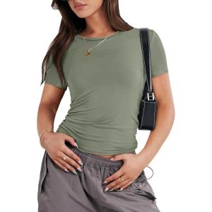 image:imageANRABESS Womens Soft Short Sleeve TShirt Crew Neck Top Slim Fit Basic Tee for Summer Casual Y2k Everyday WearArmy Green
