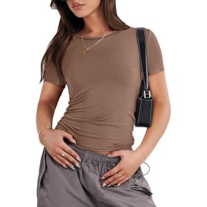 image:imageANRABESS Womens Soft Short Sleeve TShirt Crew Neck Top Slim Fit Basic Tee for Summer Casual Y2k Everyday WearBrown