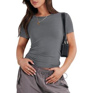 image:imageANRABESS Womens Soft Short Sleeve TShirt Crew Neck Top Slim Fit Basic Tee for Summer Casual Y2k Everyday WearDeep Grey