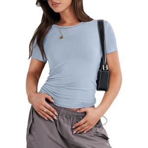 image:imageANRABESS Womens Soft Short Sleeve TShirt Crew Neck Top Slim Fit Basic Tee for Summer Casual Y2k Everyday WearHaze Blue