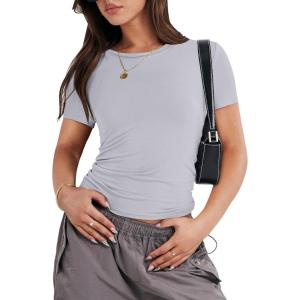 image:imageANRABESS Womens Soft Short Sleeve TShirt Crew Neck Top Slim Fit Basic Tee for Summer Casual Y2k Everyday WearLight Grey