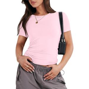 image:imageANRABESS Womens Soft Short Sleeve TShirt Crew Neck Top Slim Fit Basic Tee for Summer Casual Y2k Everyday WearLight Pink