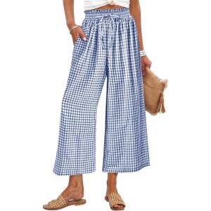 image:imageANRABESS Womens Striped Gingham Palazzo Capri Pants Pajama Wide Leg Lounge Trousers Plaid Cute Crop PJ Bottoms with PocketsBlue White Plaid