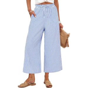 image:imageANRABESS Womens Striped Gingham Palazzo Capri Pants Pajama Wide Leg Lounge Trousers Plaid Cute Crop PJ Bottoms with PocketsBlue White Stripe
