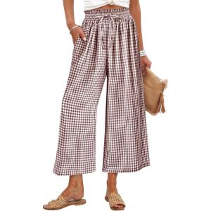 image:imageANRABESS Womens Striped Gingham Palazzo Capri Pants Pajama Wide Leg Lounge Trousers Plaid Cute Crop PJ Bottoms with PocketsBrown White Plaid