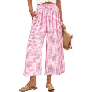 image:imageANRABESS Womens Striped Gingham Palazzo Capri Pants Pajama Wide Leg Lounge Trousers Plaid Cute Crop PJ Bottoms with PocketsPink White Plaid