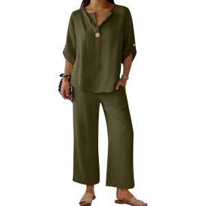 image:imageANRABESS Womens Summer 2 Piece Lounge Sets 34 Sleeve V Neck Top Wide Leg Palazzo Pants Set 2026 Beach Travel OutfitsArmy Green
