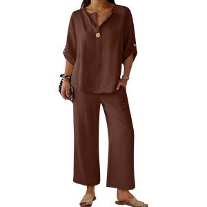 image:imageANRABESS Womens Summer 2 Piece Lounge Sets 34 Sleeve V Neck Top Wide Leg Palazzo Pants Set 2026 Beach Travel OutfitsBrown