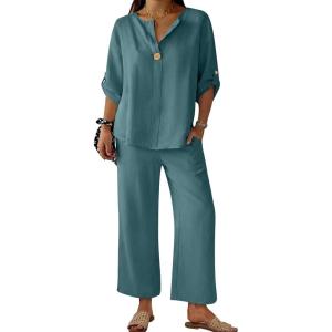 image:imageANRABESS Womens Summer 2 Piece Lounge Sets 34 Sleeve V Neck Top Wide Leg Palazzo Pants Set 2026 Beach Travel OutfitsLake
