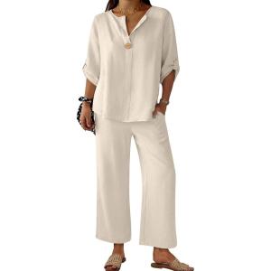 image:imageANRABESS Womens Summer 2 Piece Lounge Sets 34 Sleeve V Neck Top Wide Leg Palazzo Pants Set 2026 Beach Travel OutfitsLight Yellow