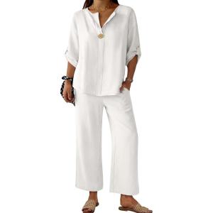 image:imageANRABESS Womens Summer 2 Piece Lounge Sets 34 Sleeve V Neck Top Wide Leg Palazzo Pants Set 2026 Beach Travel OutfitsWhite