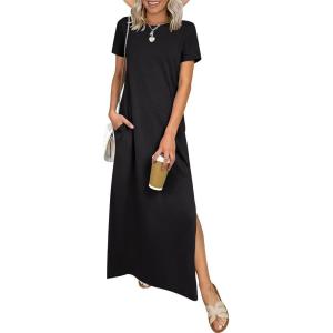 image:imageANRABESS Womens Summer Casual Maxi Dress Short Sleeve Crewneck Split WrinkleFree Travel Long Sundress Beach Vacation ClothesBlack