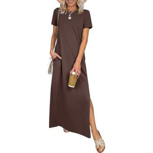 image:imageANRABESS Womens Summer Casual Maxi Dress Short Sleeve Crewneck Split WrinkleFree Travel Long Sundress Beach Vacation ClothesBrown