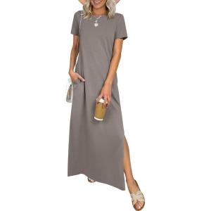 image:imageANRABESS Womens Summer Casual Maxi Dress Short Sleeve Crewneck Split WrinkleFree Travel Long Sundress Beach Vacation ClothesCoffee Grey