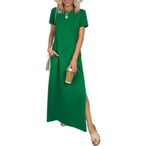 image:imageANRABESS Womens Summer Casual Maxi Dress Short Sleeve Crewneck Split WrinkleFree Travel Long Sundress Beach Vacation ClothesGreen