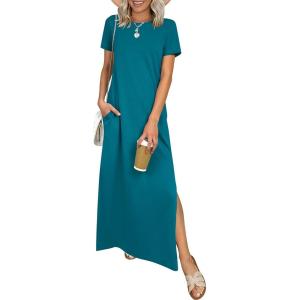 image:imageANRABESS Womens Summer Casual Maxi Dress Short Sleeve Crewneck Split WrinkleFree Travel Long Sundress Beach Vacation ClothesLake Blue