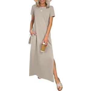 image:imageANRABESS Womens Summer Casual Maxi Dress Short Sleeve Crewneck Split WrinkleFree Travel Long Sundress Beach Vacation ClothesLight Khaki