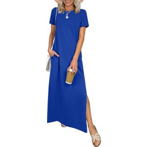 image:imageANRABESS Womens Summer Casual Maxi Dress Short Sleeve Crewneck Split WrinkleFree Travel Long Sundress Beach Vacation ClothesRoyal Blue