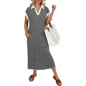 image:imageANRABESS Womens Summer Casual Midi Dresses Short Sleeve Polo V Neck Loose Split WrinkleFree Beach Vacation Tshirt Maxi DressBlack White Stripe