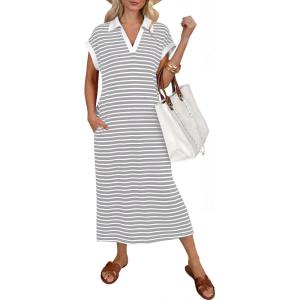 image:imageANRABESS Womens Summer Casual Midi Dresses Short Sleeve Polo V Neck Loose Split WrinkleFree Beach Vacation Tshirt Maxi DressGrey White Stripe
