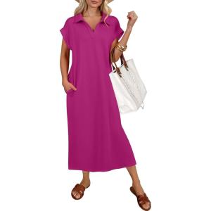 image:imageANRABESS Womens Summer Casual Midi Dresses Short Sleeve Polo V Neck Loose Split WrinkleFree Beach Vacation Tshirt Maxi DressHot Pink