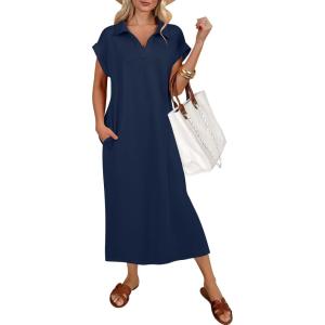 image:imageANRABESS Womens Summer Casual Midi Dresses Short Sleeve Polo V Neck Loose Split WrinkleFree Beach Vacation Tshirt Maxi DressNavy Blue