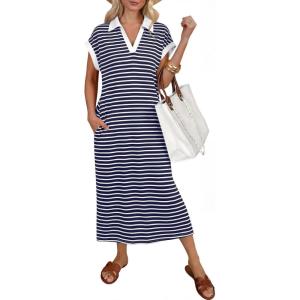 image:imageANRABESS Womens Summer Casual Midi Dresses Short Sleeve Polo V Neck Loose Split WrinkleFree Beach Vacation Tshirt Maxi DressNavy Blue White Stripe
