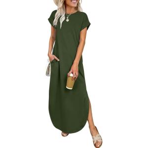 image:imageANRABESS Womens Summer Maxi Dress 2026 Casual Short Sleeve Loose Split WrinkleFree Beach Vacation Long Sundress with PocketsArmy Green