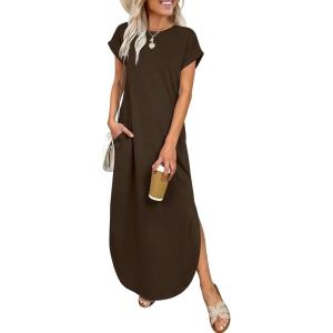 image:imageANRABESS Womens Summer Maxi Dress 2026 Casual Short Sleeve Loose Split WrinkleFree Beach Vacation Long Sundress with PocketsBrown