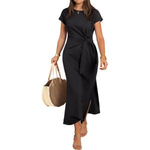 image:imageANRABESS Womens Summer Maxi Dress Casual Crew Neck Tie Waist Split WrinkleFree Fit Long Fashion Vacation Dresses 2026 SpringBlack