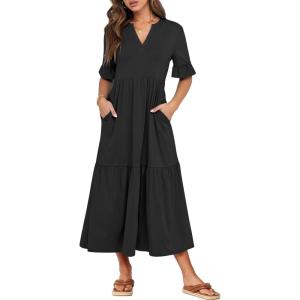 image:imageANRABESS Womens Summer Maxi Dresses Casual Ruffle Short Sleeve V Neck Flowy Tiered 2026 Spring T Shirts Beach Boho DressBlack