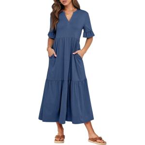 image:imageANRABESS Womens Summer Maxi Dresses Casual Ruffle Short Sleeve V Neck Flowy Tiered 2026 Spring T Shirts Beach Boho DressBlue