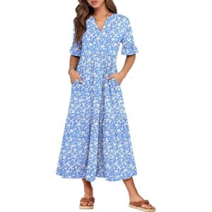 image:imageANRABESS Womens Summer Maxi Dresses Casual Ruffle Short Sleeve V Neck Flowy Tiered 2026 Spring T Shirts Beach Boho DressBlue Floral