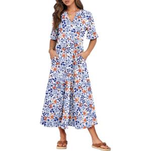 image:imageANRABESS Womens Summer Maxi Dresses Casual Ruffle Short Sleeve V Neck Flowy Tiered 2026 Spring T Shirts Beach Boho DressBlue Orange Floral