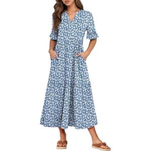 image:imageANRABESS Womens Summer Maxi Dresses Casual Ruffle Short Sleeve V Neck Flowy Tiered 2026 Spring T Shirts Beach Boho DressBlue White Floral