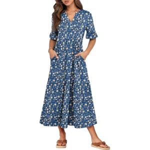 image:imageANRABESS Womens Summer Maxi Dresses Casual Ruffle Short Sleeve V Neck Flowy Tiered 2026 Spring T Shirts Beach Boho DressBlue Yellow Floral