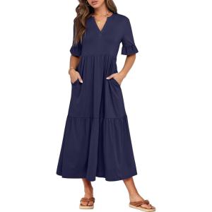 image:imageANRABESS Womens Summer Maxi Dresses Casual Ruffle Short Sleeve V Neck Flowy Tiered 2026 Spring T Shirts Beach Boho DressDark Blue