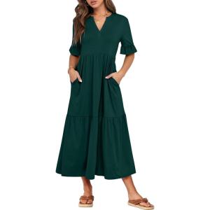 image:imageANRABESS Womens Summer Maxi Dresses Casual Ruffle Short Sleeve V Neck Flowy Tiered 2026 Spring T Shirts Beach Boho DressDark Green