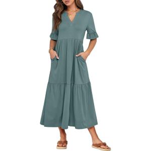 image:imageANRABESS Womens Summer Maxi Dresses Casual Ruffle Short Sleeve V Neck Flowy Tiered 2026 Spring T Shirts Beach Boho DressGreen