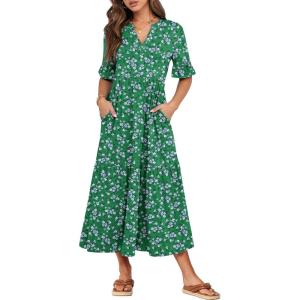 image:imageANRABESS Womens Summer Maxi Dresses Casual Ruffle Short Sleeve V Neck Flowy Tiered 2026 Spring T Shirts Beach Boho DressGreen Floral