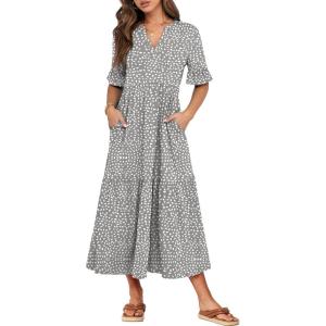 image:imageANRABESS Womens Summer Maxi Dresses Casual Ruffle Short Sleeve V Neck Flowy Tiered 2026 Spring T Shirts Beach Boho DressKhaki Polka Dot