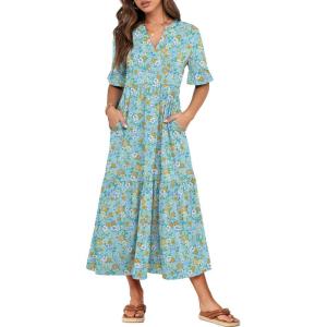 image:imageANRABESS Womens Summer Maxi Dresses Casual Ruffle Short Sleeve V Neck Flowy Tiered 2026 Spring T Shirts Beach Boho DressLight Green Floral