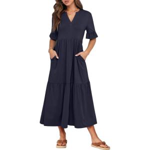 image:imageANRABESS Womens Summer Maxi Dresses Casual Ruffle Short Sleeve V Neck Flowy Tiered 2026 Spring T Shirts Beach Boho DressNavy Blue