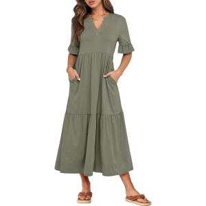 image:imageANRABESS Womens Summer Maxi Dresses Casual Ruffle Short Sleeve V Neck Flowy Tiered 2026 Spring T Shirts Beach Boho DressOlive